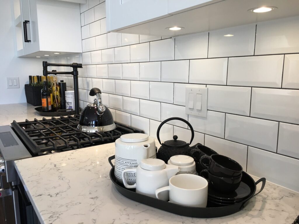 Home decor, renovation and remodeling projects, kitchen counter in white marble with subway tiles